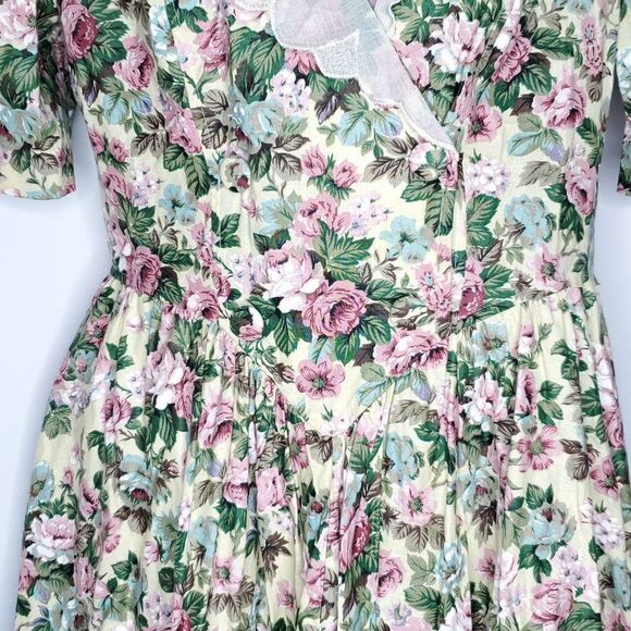 Vintage Floral Cottage Core Prairie Dress 11 12 Yellow Puff Sleeve Pink Blue - Picture 3 of 7